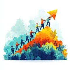 Soaring to Success: A team collaboratively scales a mountain, guided by a paper airplane towards the peak, representing ambition and teamwork in achieving goals.