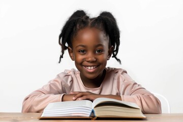 Fototapeta premium A young girl sits at a table with a book, focused on her reading