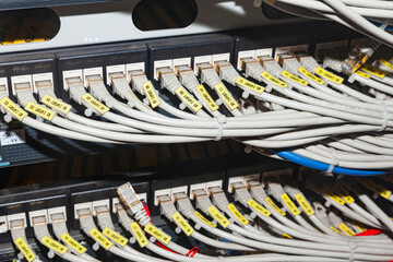 The back wall of the server cabinet, with internet cables connected to the server unit.