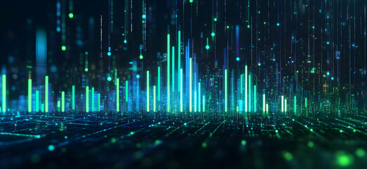 Futuristic Abstract Data Visualization with Glowing Vertical Lines, Bokeh Effects, and Digital Graphs Representing Financial Analysis, Technology Trends, and Big Data Innovation