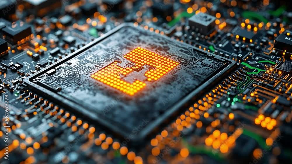 Poster close-up of a glowing circuit board with intricate silicon components and illuminated paths