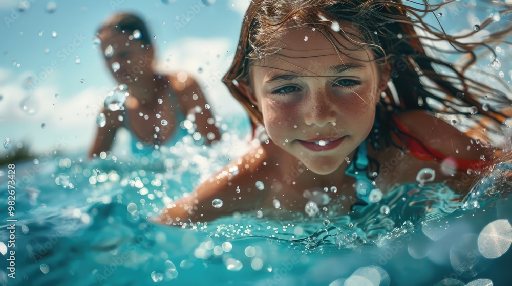 Canvas Prints A young girl wearing a bikini swims in a pool, great for summer themed images or swimwear advertisements