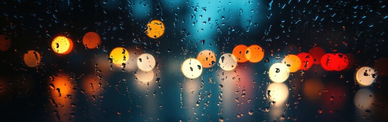 Fototapeta premium Raindrop-covered window with distant glowing light at night