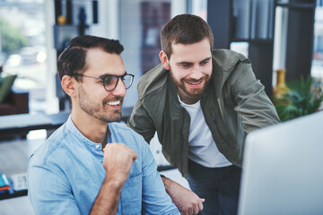 Business, people and helping with computer in office for internship, technical assistance and...
