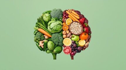 A creative representation of a brain made from various fruits and vegetables, symbolizing health and nutrition.