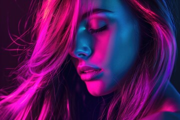 Fototapeta premium A woman with long hair standing in front of neon lights