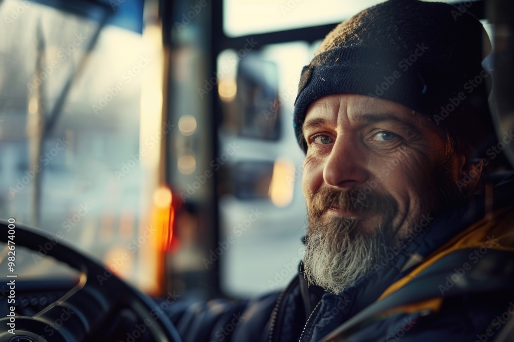 Poster a man with a long beard is driving a bus on a sunny day