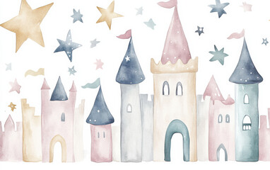Fototapeta premium Whimsical watercolor castle with pastel towers and stars, perfect for fairytale themes and magical designs. Enchanting and dreamy setting.
