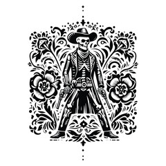 cowboy skeleton with folk art decoration in black and white illustrations, cutout graphic