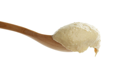 Spoon with delicious hummus isolated on white