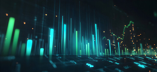 Futuristic Digital Graph with Glowing Green and Blue Lines Representing Financial Analysis, Stock Market Trends, and Big Data in a Dark Space