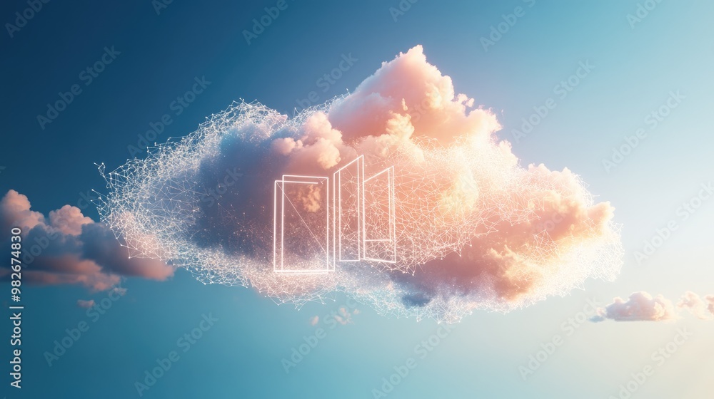 Poster 3d rendering of white fluffy clouds forming a network symbol with three rectangles against a blue sk