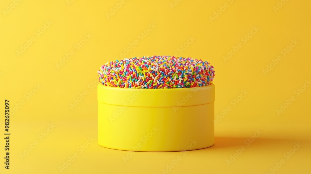 Poster vibrant round candy box filled with colorful sprinkles set against a yellow backdrop for showcasing 