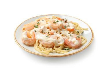 Tasty pasta with shrimps, creamy sauce and cheese isolated on white