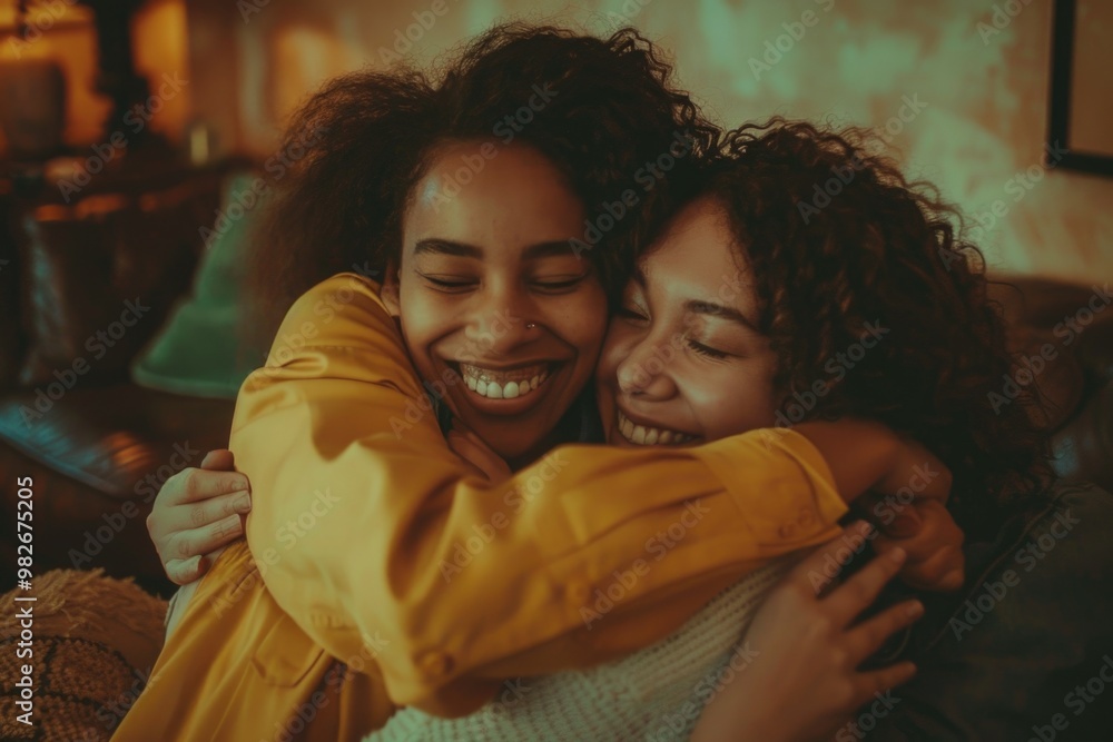 Poster Two women embracing on a sofa, friendship and affection