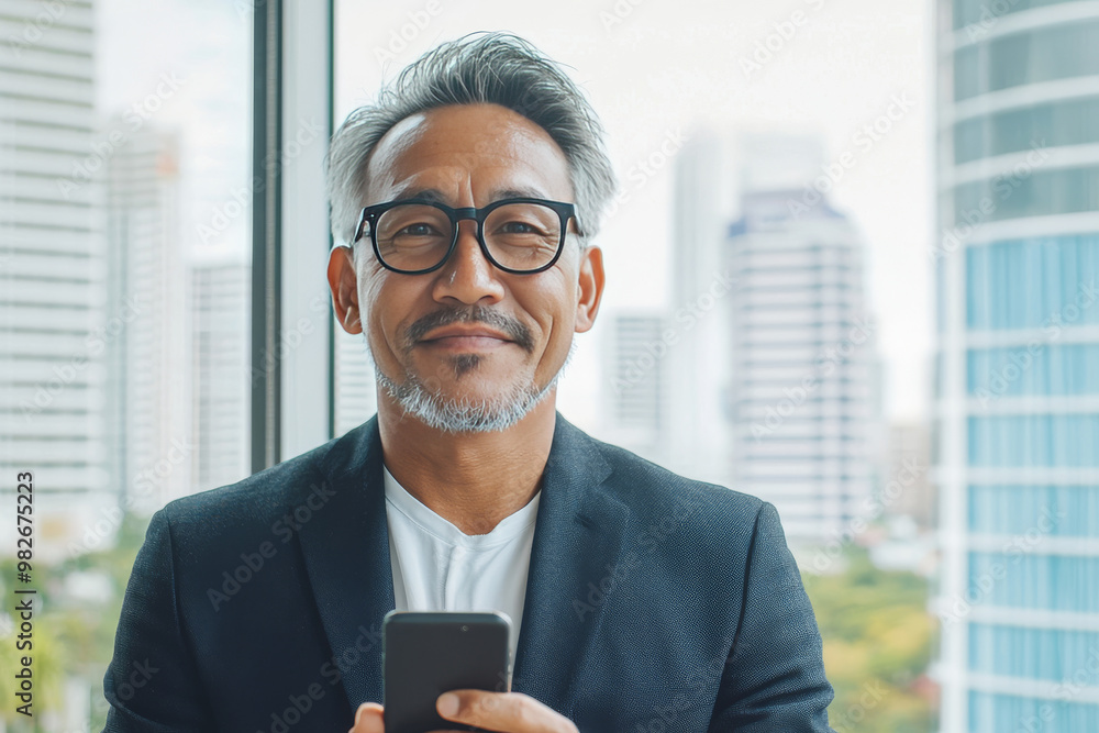 Sticker Smiling businessman in glasses holds phone, looking at camera.