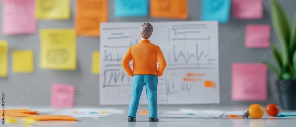 Aufkleber a figurine analyzes data charts in front of colorful sticky notes, representing business strategy an