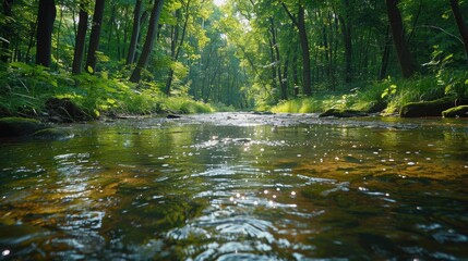 Obraz premium A pristine, sunlit forest stream with crystal clear water meandering through lush green foliage, reflecting the serene beauty of nature during a vibrant summer day
