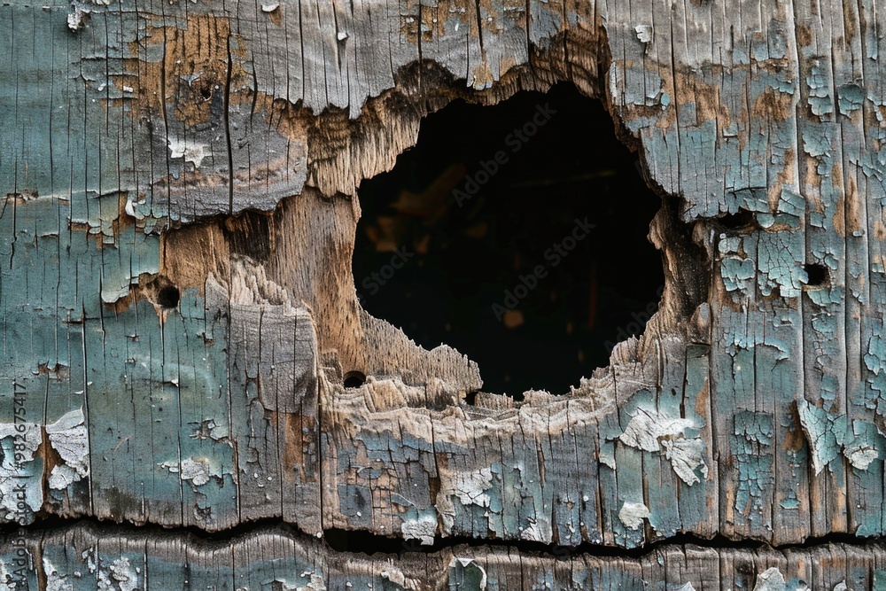Poster a wooden plank with a circular hole, suitable for use as a decorative element or a prop