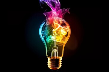 Bombilla con humo de colores sobre fondo negro