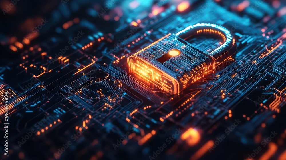 Poster a futuristic digital lock on a circuit board, symbolizing cybersecurity and data protection in the t