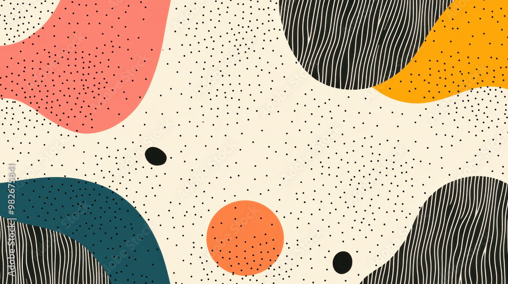 Poster abstract modern art with colorful geometric shapes and textures, featuring lines and dots on a neutr