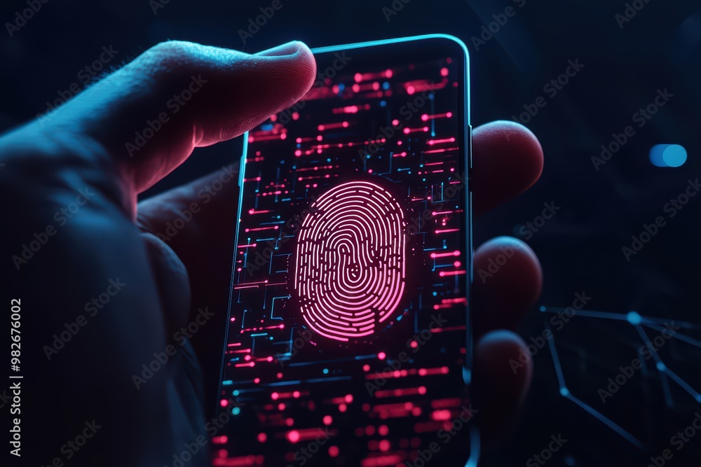 Poster a futuristic smartphone displaying a biometric fingerprint scan on a digital interface. represents i