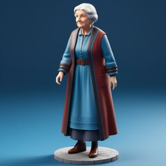 An elderly woman with glasses and a cane stands in a colorful stylized cartoon forest with dogs, under a bright sky. Concept of companionship and nature