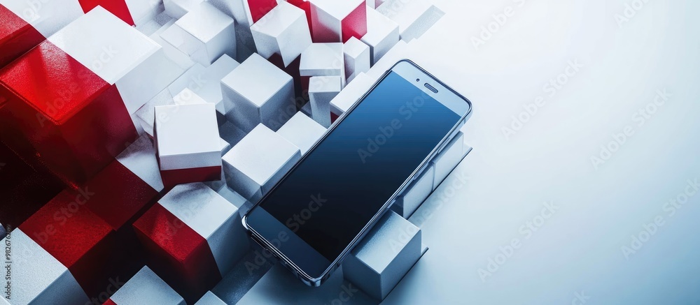 Poster 3d illustration of a mobile phone on a white background featuring binary cubes and a national flag