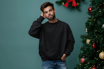 Man wearing blank Black Sweatshirt, Christmas Sweater mockup