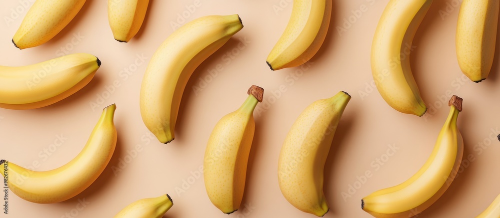 Poster numerous bananas on a neutral background aerial perspective featuring both scattered and organized a