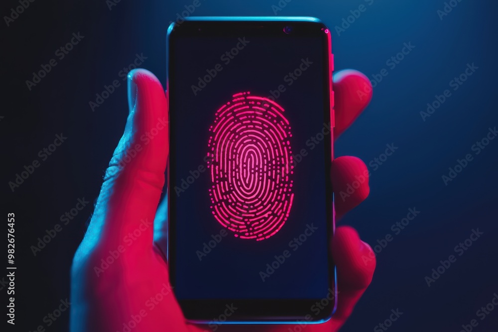 Poster a hand holding a smartphone displaying a bright fingerprint pattern, symbolizing security and biomet