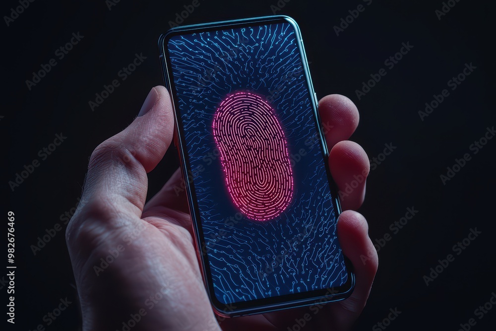 Poster a hand holding a smartphone displaying a vibrant fingerprint scanner interface in a dark setting.