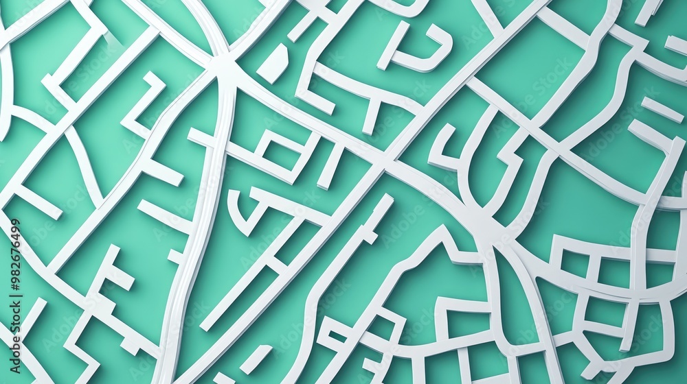 Poster map illustration featuring white lines on a greenish blue gradient background depicting a street lay