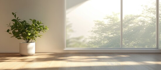 Fototapeta premium Concept of a bright minimalist Scandinavian room interior featuring a white landscape visible through a window and a plant on a wooden floor 3D illustration of a Nordic style space