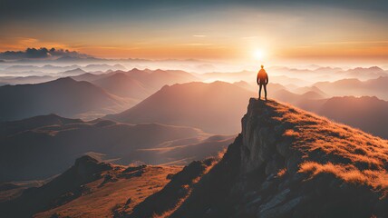 A person standing on a mountain peak during sunrise, with a bright horizon in the background, symbolizing achievement and adventure, perfect for motivational social media content.