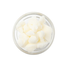 Shea butter in bowl isolated on white, top view