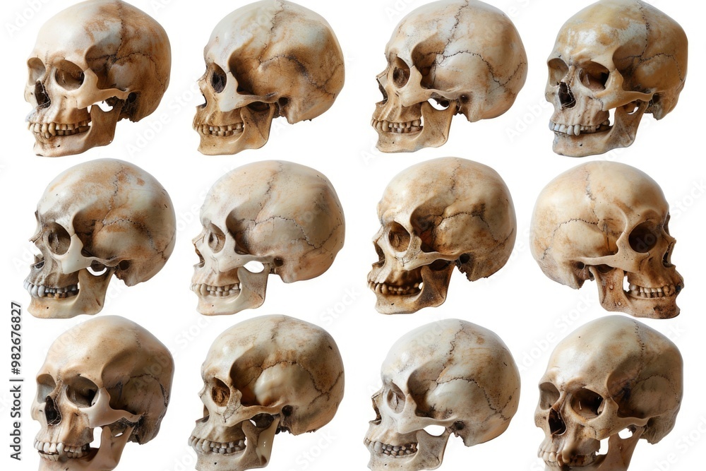 Poster an image of a human skull isolated on a white background, suitable for use in various contexts such 