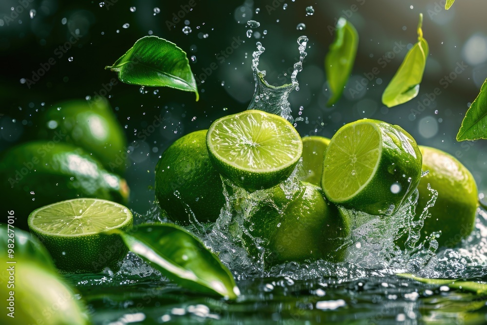Poster A group of limes dropping into water, creating ripples and splashes