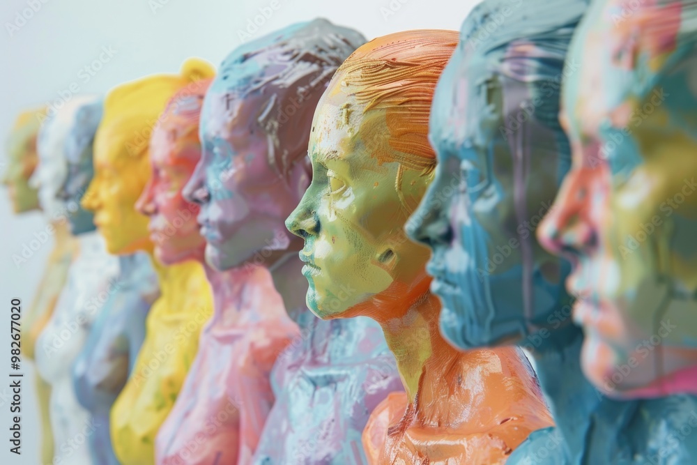 Poster a collection of vibrant sculptures depicting human heads with unique features and expressions