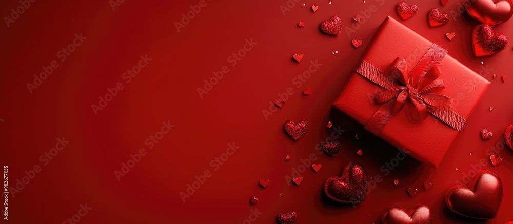 Poster valentine s day greeting card on a red background with a gift box and red hearts ideal for a product