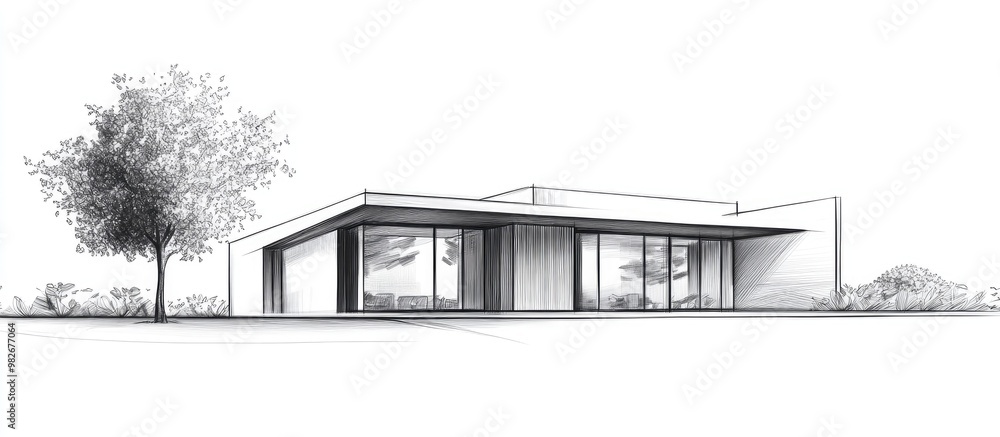 Poster minimalist black linear sketch of a modern flat roof house or commercial building in a drawing style