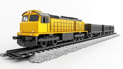 3D illustration of a locomotive with flat cars on a white background