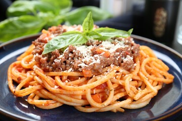 Delicious pasta bolognese with basil on table, closeup