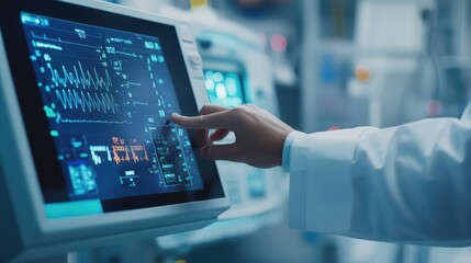 A medical professional interacts with a high-tech monitor, showcasing vital signs and patient data in a clinical environment.