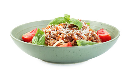 Delicious pasta bolognese with basil and tomatoes isolated on white