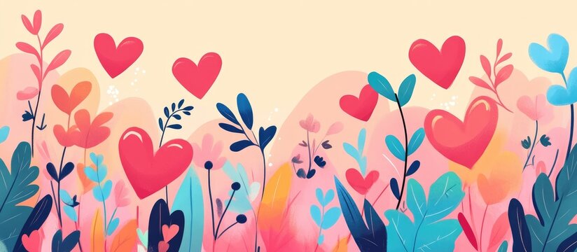 Flat color cartoon style depicting a joyful love theme with heart elements