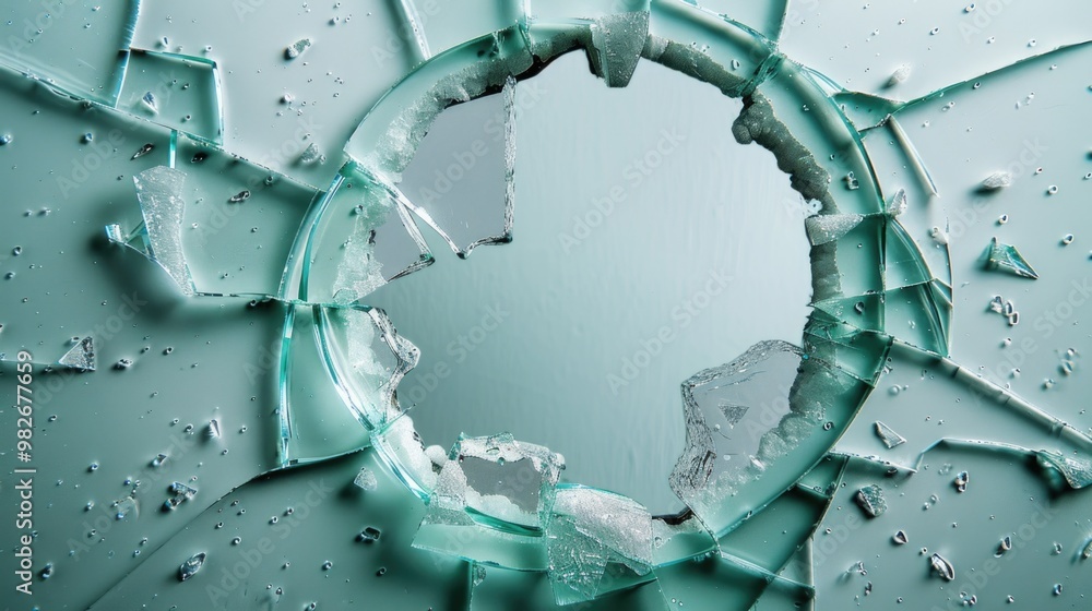 Aufkleber A cracked glass window with a circular hole, suitable for use in scenes depicting damage or chaos