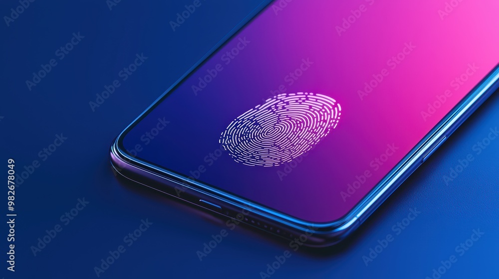 Poster A modern smartphone displaying a fingerprint sensor against a vibrant gradient background for tech-related themes.