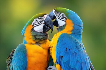 Fototapeta premium Macaws (Ara ararauna), pair, native to South America, captive, Wachenheim, Germany, Europe, ai